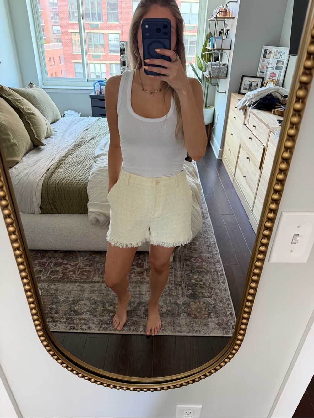 Pinko Cream Tweed Frayed Hem Shorts